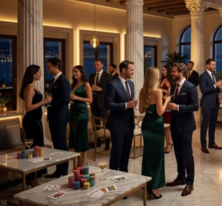 Luxury private party με κομψούς καλεσμένους και φωτισμό βραδινής διασκέδασης