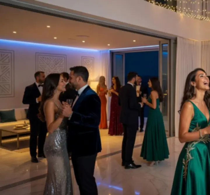 Καλεσμένοι με κομψή εμφάνιση χαμογελούν σε πολυτελές event